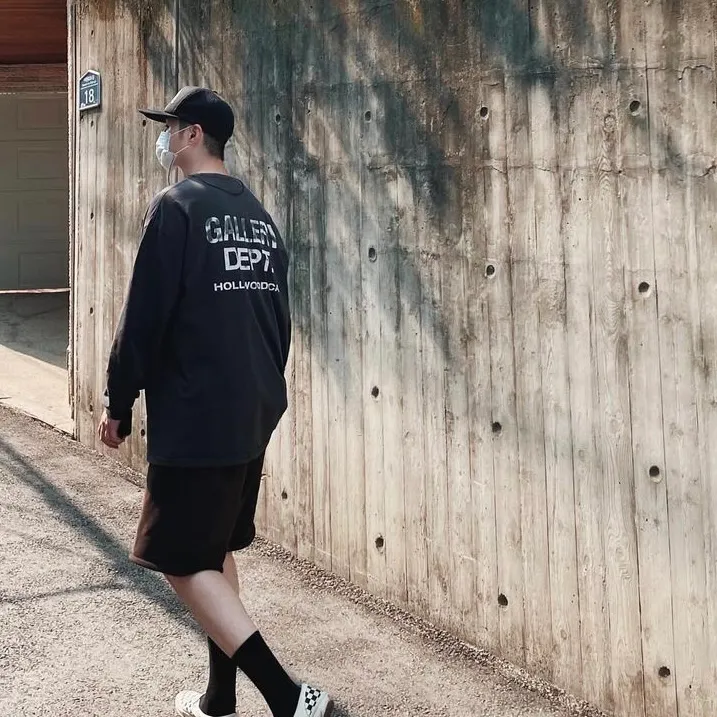 GALLERY DEPT. SOUVENIR L/S TEE Black Basic English Logo Long Sleeves Washed Black S-XL Heavy Washed Vintage Cylindrical Seamless Linen Cotton Fabric